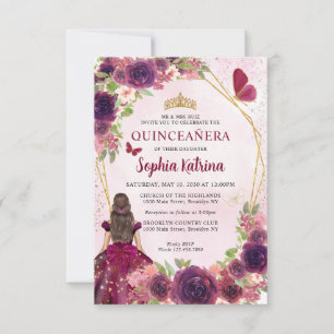 Budget Maroon Red Guld Blommigt Princess Quinceañe Anteckningskort
