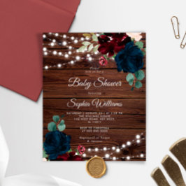 Budget Marsala & Navy Wood Baby Shower-inbjudan