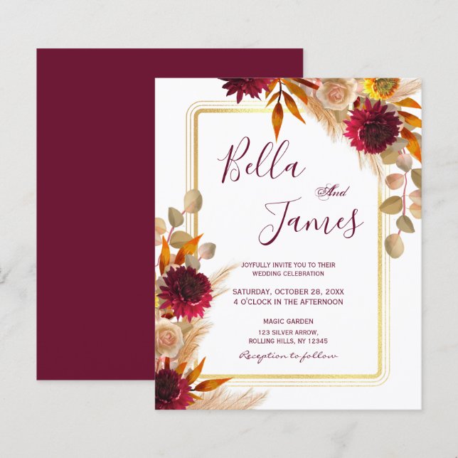 Budget Marsala Röd Blommig Bröllopsinbjudan (Fram/baksida)