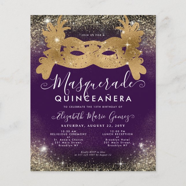 Budget Maskerad Lila Guld Glitter Quinceanera (Framsida)