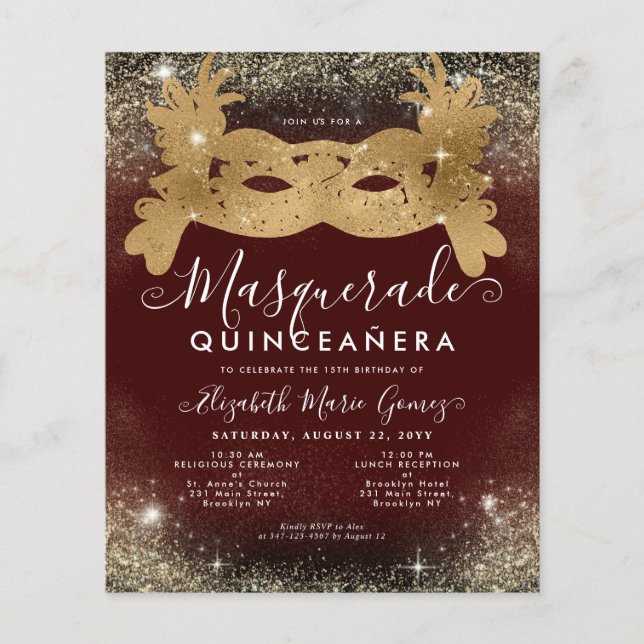 Budget MasqueraBurgundy Red Guld Glitter Quince (Framsida)