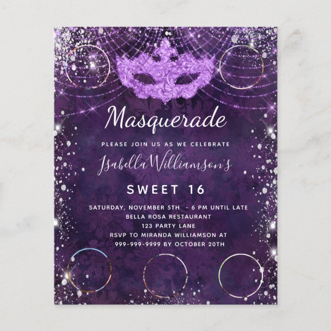 Budget Masquerad lila Sweet 16-inbjudan (Framsida)
