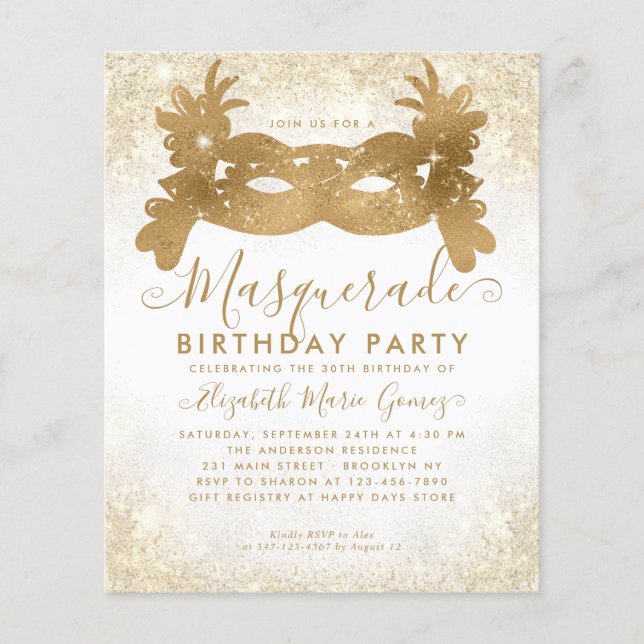 Budget Masquerada White Guld Glitter Dust Birthday (Framsida)