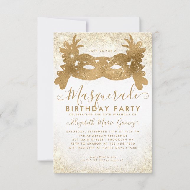 Budget Masquerada White Guld Glitter Dust Birthday Anteckningskort (Framsida)
