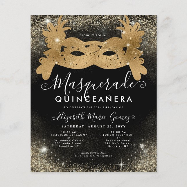Budget Masqueraden Black Guld Glitter Quinceanera (Framsida)