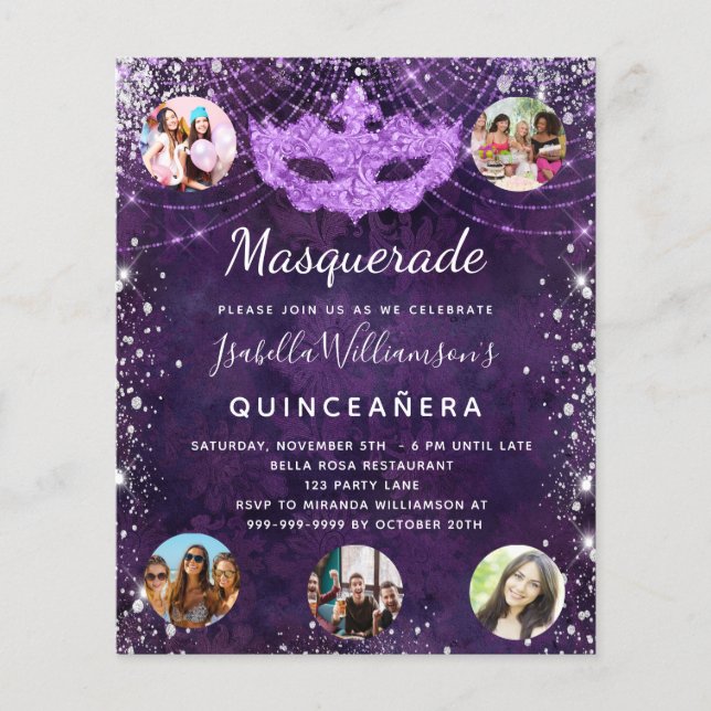 Budget Masquerainbjudan lila Quinceanera (Framsida)