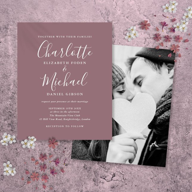 Budget Mauve Script Foto Bröllopsinbjudan (Budget Mauve Script Photo Wedding Invitation)