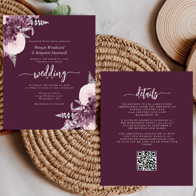 Budget Mauve Silver Floral QR Code Wedding Invite (Skapare uppladdad)