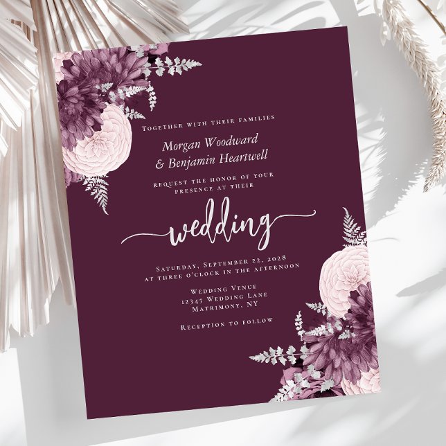 Budget Mauve Silver Floral Wedding Invite (Skapare uppladdad)