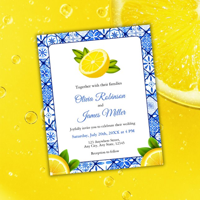 Budget Mediterranean Tile Lemon bröllopsinbjudan (Budget Mediterranean Italian Blue Tile - Lemon Wedding Invitation  )