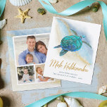 Budget Mele Kalikimaka Sea Turtle Beach-fotokort<br><div class="desc">Spara pengar med dessa budgeterade kustfisketyper, julkort, på en billigare papper och något mindre storlek. Den tropiska stranden har en vattenfärgad turkos blåhavssköldpadda på en abstrakt strandbakgrund med en glatt våg från guld och ett Mele Kalikimaka-skript. På baksidan finns tre fotomallar för att enkelt anpassa korten med dina favoritfoton i...</div>