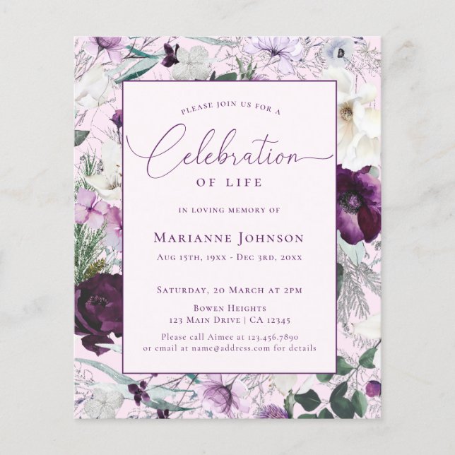 Budget Memorial Rosa Blommigt Firande of Life (Framsida)