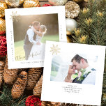 Budget MINI storlek 2 foton Julungar Anteckningskort<br><div class="desc">Minimalistisk modern merry och gift nya Mr och Mrs bröllop newlyweds 2 bilder personlig enkel Mall för MINI SIZED-anteckningskort med handskrivet trendig namnteckning kalligrafiskript för stil faux guld och en guldsnowflake.             Enkel att anpassa på båda sidor med texten och bilder.</div>
