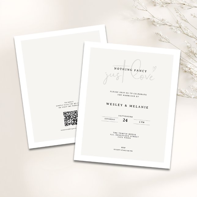 Budget Minimal Beige QR-kod Inget Fancy Bröllop (Budget Nothing fancy just love minimalist wedding invitation )