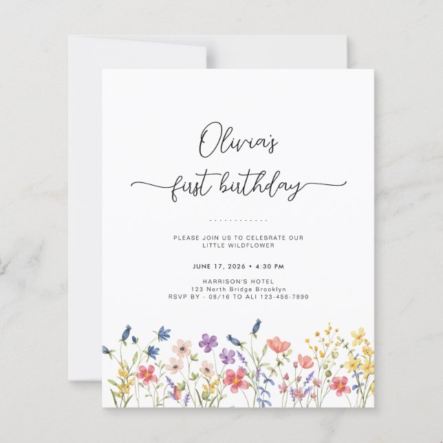 Budget Minimal Floral First Birthday Invitation (Framsida)
