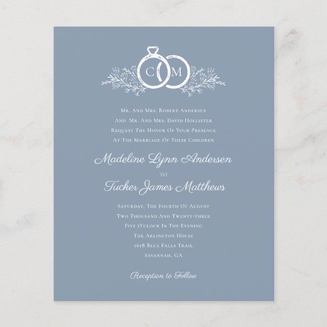 Budget - minimal inbjudan till Dusty Blue Wedding (Framsida)