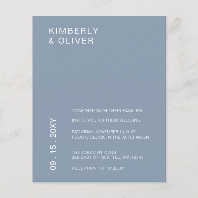 Budget - minimal inbjudan till Dusty Blue Wedding (Framsida)