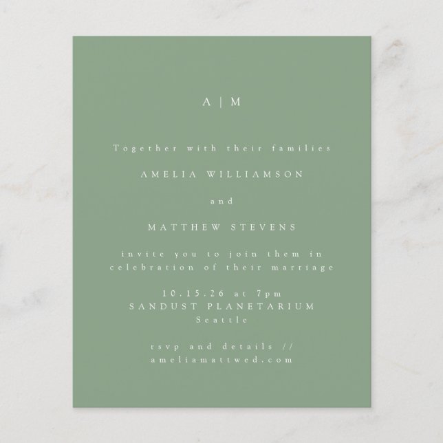 Budget - minimal Monogram Sage Wedding-inbjudan (Framsida)