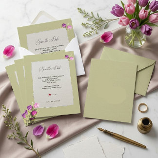 Budget Minimal och Blomstergullgrön Bröllop  Spara Datumet