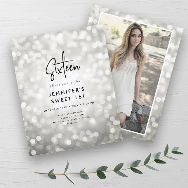 Budget Minimal Silver Glam Foto Sweet 16 Inbjudan (Budget Minimal Silver Glam Photo Sweet 16 Invite)