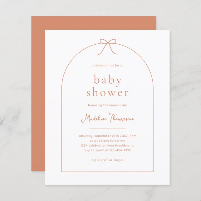 Budget Minimal Terracotta Ribbon Bow Baby Shower (Fram/baksida)