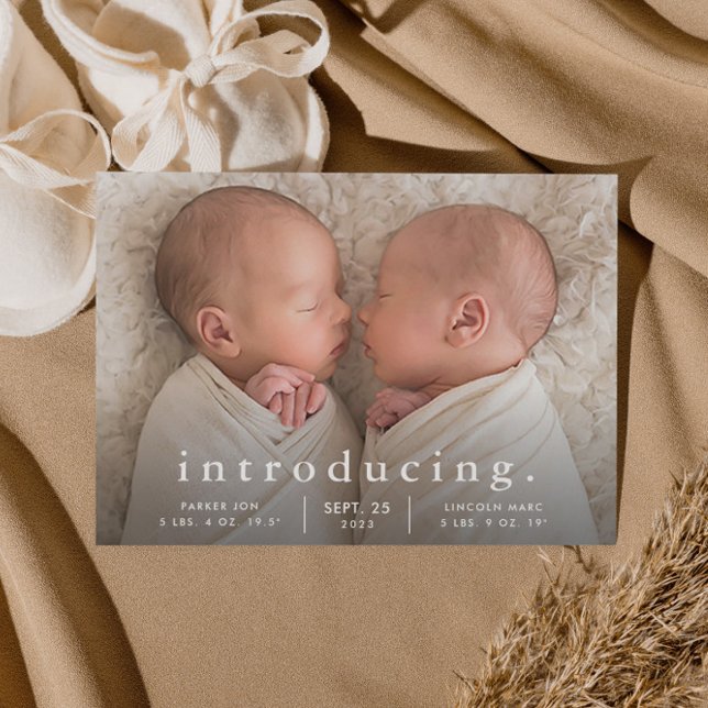 Budget Minimal Twin Foto Födelseannons (Simple typography twins baby birth announcement.)