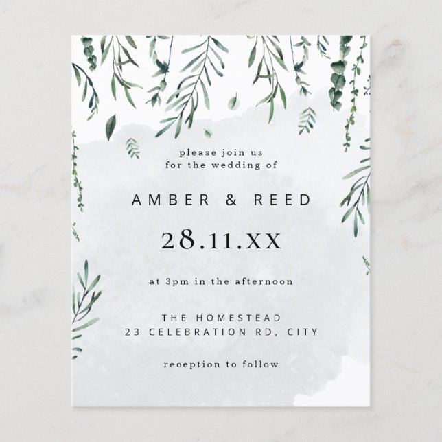 Budget Minimal vattenfärgsminskning Löv Bröllop Flygblad (Framsidan)