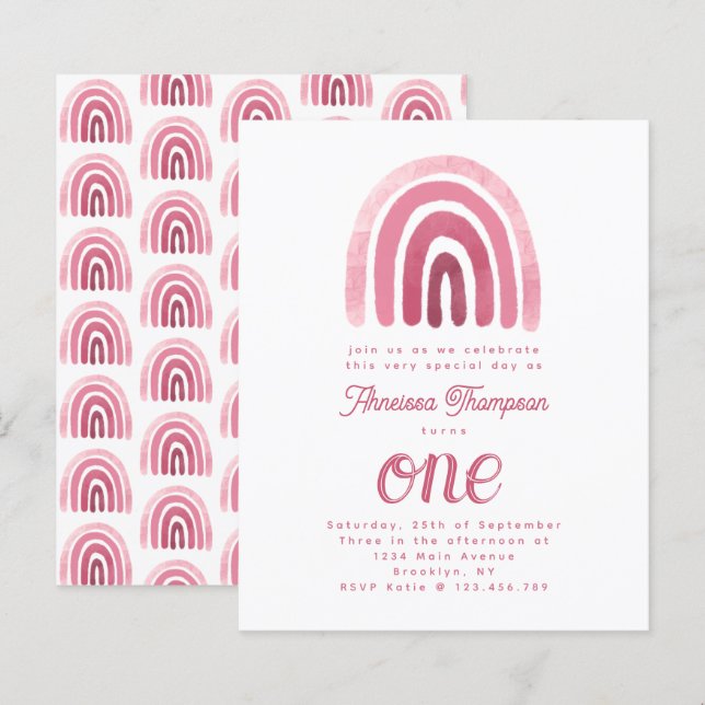 Budget Minimalist Boho Rosa Rainbow Första födelse (Fram/baksida)