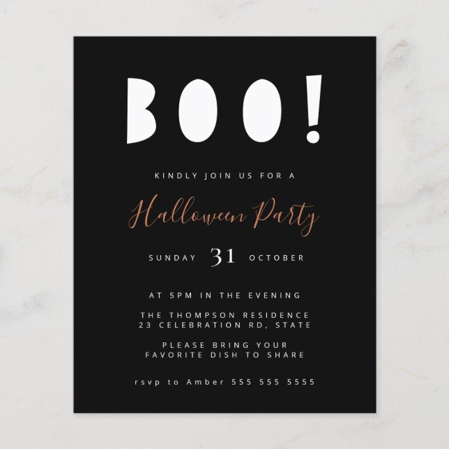 Budget Minimalist Boo Halloween Black Party Inbjud (Framsida)