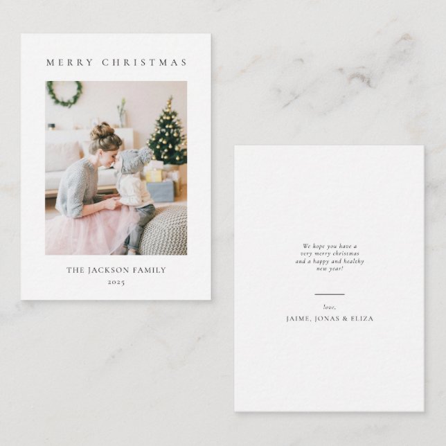 BUDGET Minimalist Merry Christmas Family Photo Anteckningskort (Fram/baksida)