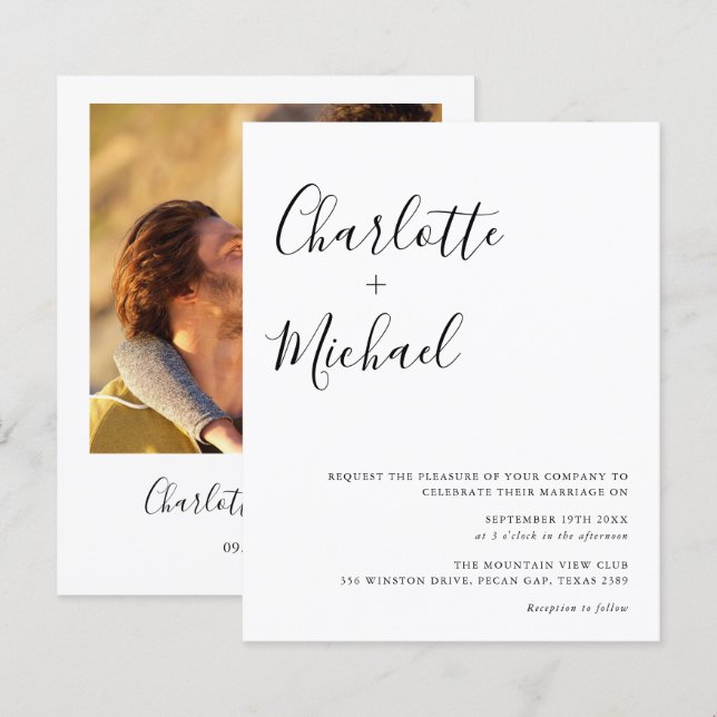 Budget Minimalist Script Foto Bröllopsinbjudan (Fram/baksida)