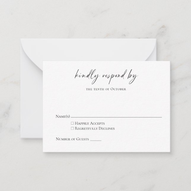 Budget Minimalist Svart Vitt Modernt Skript RSVP Anteckningskort (Framsida)