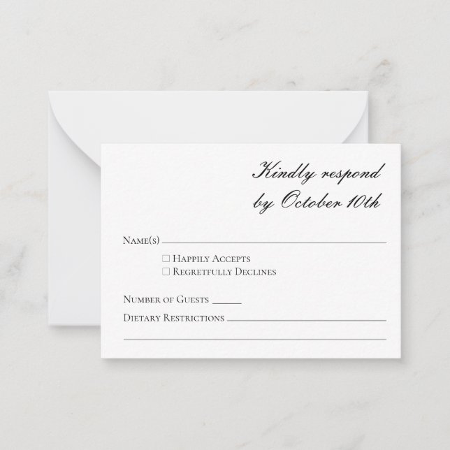 Budget Minimalistisk Formell Svart Vit Script RSVP Anteckningskort (Framsida)