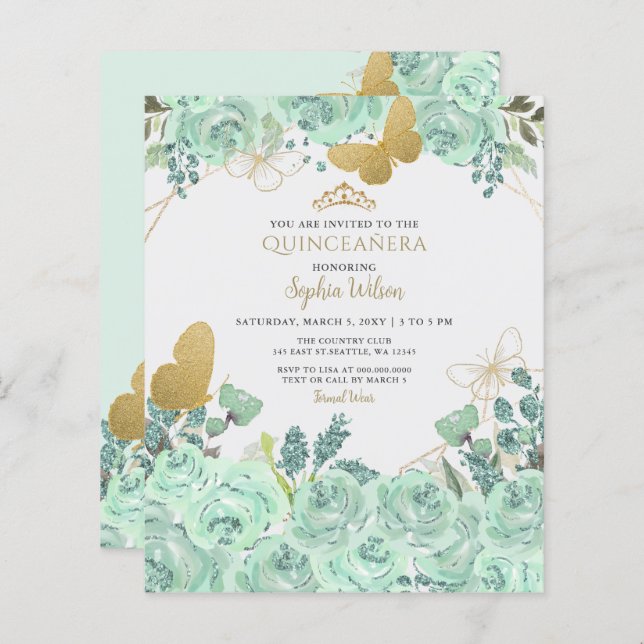 Budget Mint Guld Butterfly Quinceañera-inbjudan (Fram/baksida)