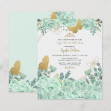 Budget Mint Guld Butterfly Quinceañera-inbjudan