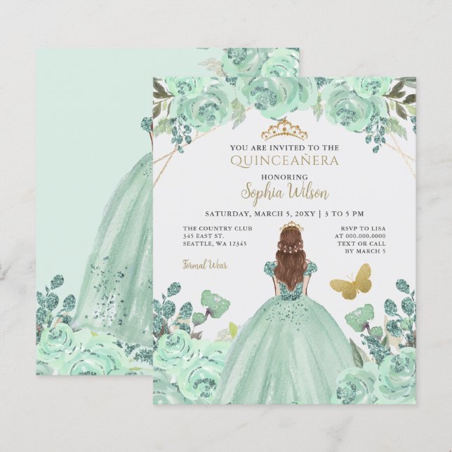 Budget Mint Guld Princess Quinceañera Inbjudan (Fram/baksida)
