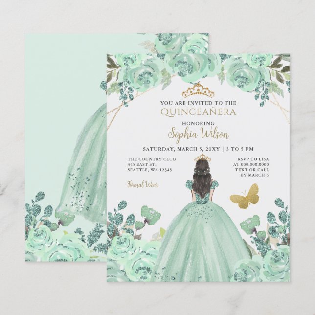 Budget Mint Guld Princess Quinceañera-inbjudan (Fram/baksida)