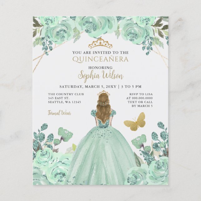 Budget Mint Guld Princess Quinceañera-inbjudan (Framsida)