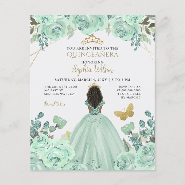 Budget Mint Guld Princess Quinceañera-inbjudan (Framsida)