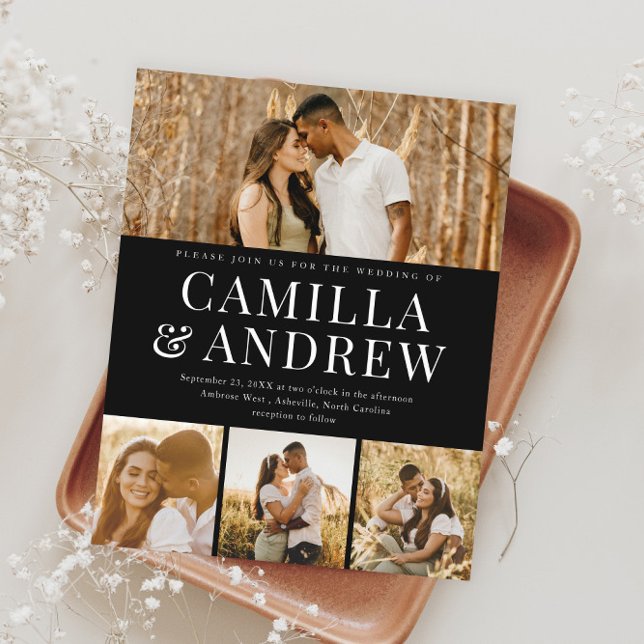 Budget Modern 4 Foto Elegant Bröllopsinbjudan (Modern Typography Budget Photo Wedding Invitations.)