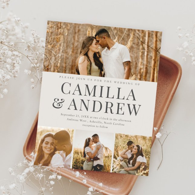 Budget Modern 4 Foto Elegant Bröllopsinbjudan (Modern Typography Budget Photo Wedding Invitations.)