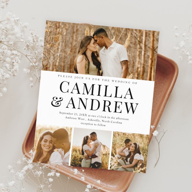 Budget Modern 4 Foto Elegant Bröllopsinbjudan (Modern Typography Budget Photo Wedding Invitations.)