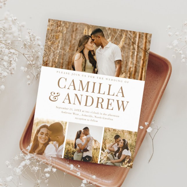 Budget Modern 4-fotoinbjudan till Elegant bröllop (Modern Typography Budget Photo Wedding Invitations.)