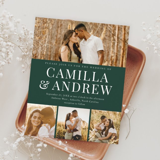 Budget Modern 4-fotoinbjudan till Elegant bröllop (Modern Typography Budget Photo Wedding Invitations.)