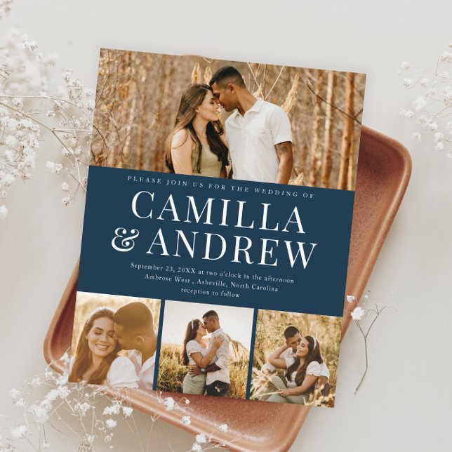 Budget Modern 4-fotoinbjudan till Elegant bröllop (Modern Typography Budget Photo Wedding Invitations.)