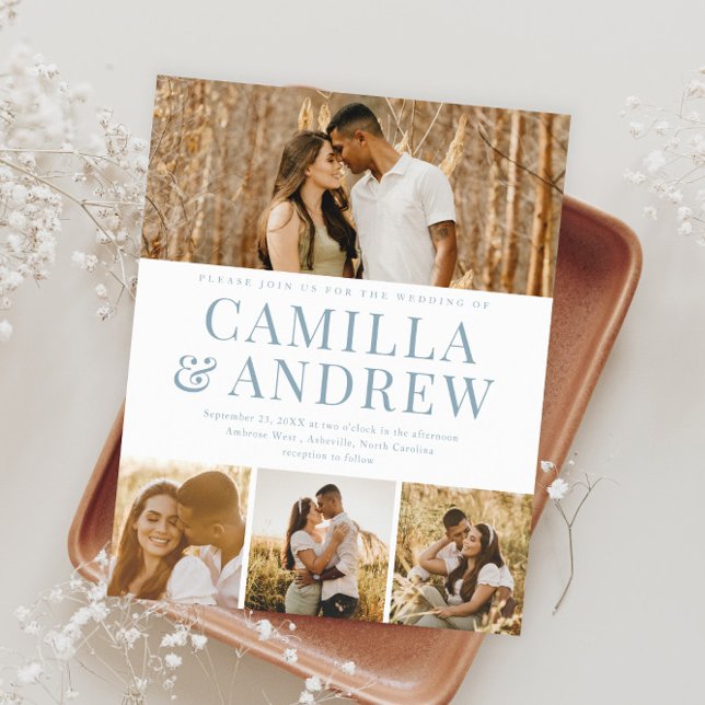 Budget Modern 4-fotoinbjudan till Elegant bröllop (Modern Typography Budget Photo Wedding Invitations.)