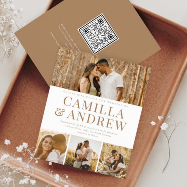 Budget Modern 4-fotoinbjudan till QR-kod för bröll (A modern typography 4 photo wedding invitation with QR Code RSVP on the back.)