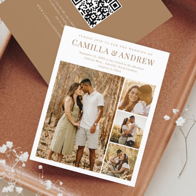 Budget Modern 4-fotoinbjudan till QR-kod för bröll (Budget 4 Photo Collage Wedding Invitation with QR Code RSVP on the back.
)