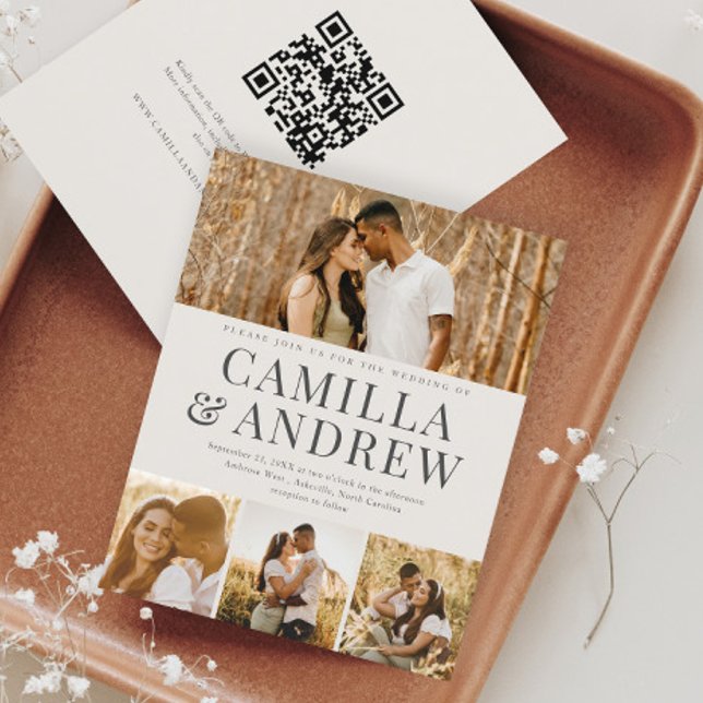 Budget Modern 4-fotoinbjudan till QR-kod för bröll (Budget 4 Photo Collage Ivory Wedding Invitation with QR code RSVP on the back.)