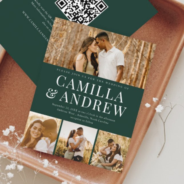 Budget Modern 4-fotoinbjudan till QR-kod för bröll (A modern typography 4 photo green wedding invitation with QR Code RSVP on the back.)
